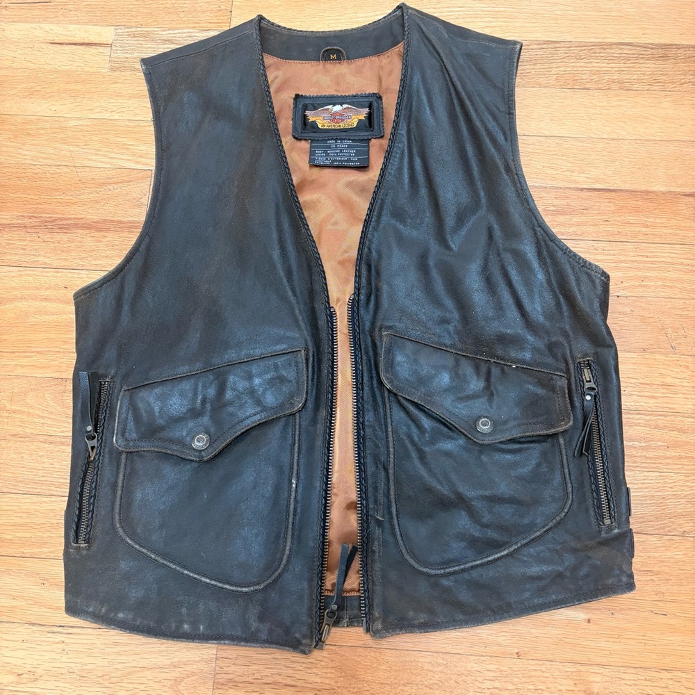 Harley-Davidson Black Leather Vest with Brown Lining